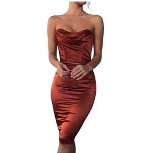 OH POLLY Size 6 Luxe Good Bustier Strapless Satin Dress In Copper